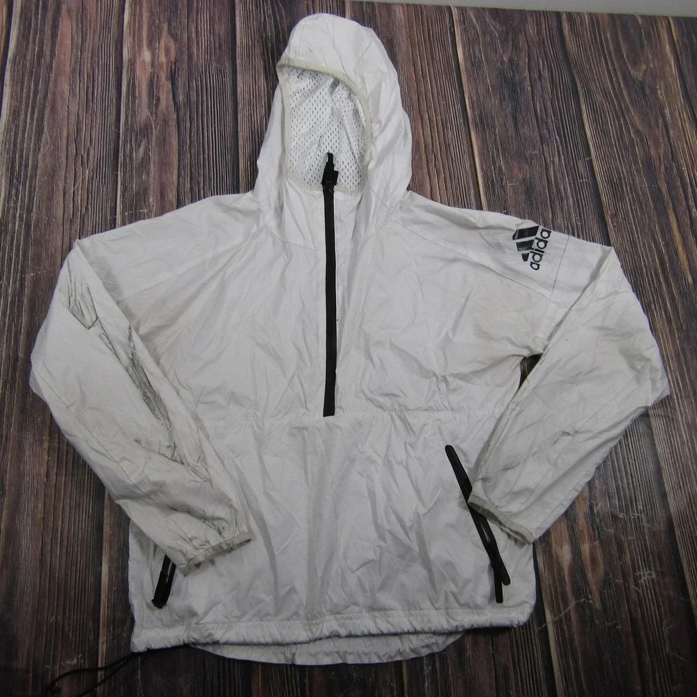 Adidas Jacket Mens Small White Hooded 1/2 Zip Windbreaker Lined Pockets Running